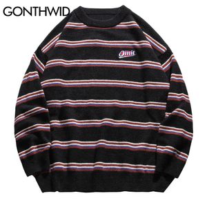 GONTHWID Harajuku Stripe Tricoté Pulls Pulls Streetwear Hip Hop Casual Pull Tricots Hommes Mode Ras Du Cou Tops 201203