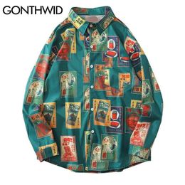 Gonthwid Hawaiian Beach Shirts Harajuku Vintage Poster Print Lange Mouw Aloha Party Vakantie Shirt Heren Casual Button Down Tops 210721