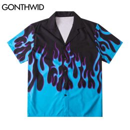 GONTHWID Hawaiian Beach Shirts Hip Hop Fire Flame Casual Button Shirt Mens Summer Fashion Short Sleeve Holiday Party Blouse Tops 210721
