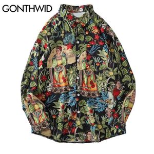 Gonthwid Hawaiian Beach Shirts Leaf Bloemen Floral Print Lange Mouw Aloha Party Vakantie Shirt Streetwear Mens Hip Hop Tops 210714