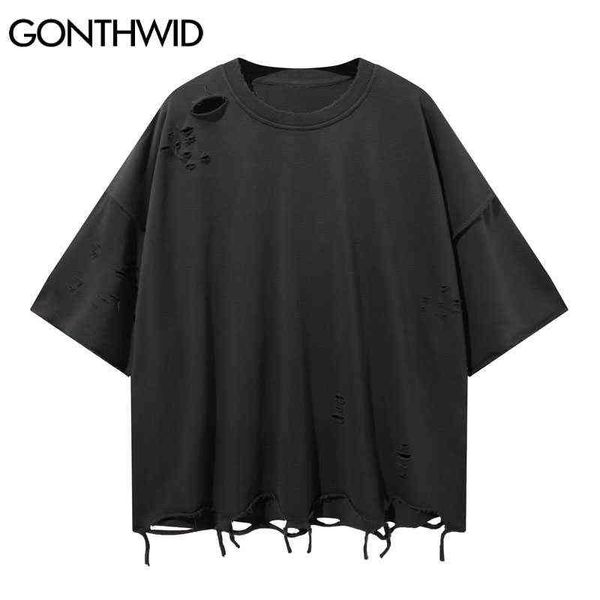 GONTHWID High Street T-shirts Hip Hop déchiré en détresse trous détruits couleur unie t-shirts Streetwear Harajuku couverture en coton G1229