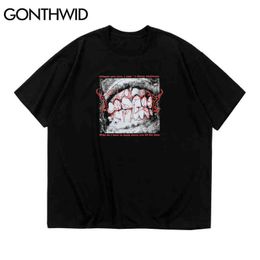 Gonthwid hiphop tshirts harajuku creatieve mond tanden print katoenen losse tees shirt streetwear mode casual korte mouw tops G1229