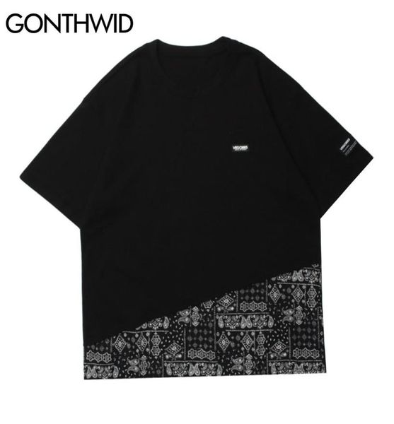 GONTHWID Hip Hop T-shirts Streetwear Bandana Paisley Motif Patchwork Manches Courtes T-shirts Chemises D'été Mode Casual Couverture En Coton C6462066