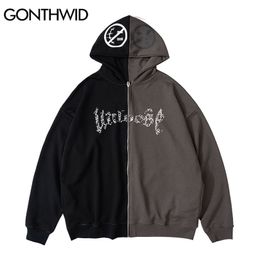 GONTHWID Hip Hop Zip Up Gothic Hoodie Jacket Sudadera con capucha Two Tone Punk Zipper Coat Hombres Harajuku Otoño Algodón 211214