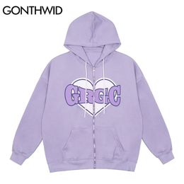 GONTHWID Hip Hop Zip Up Sweat À Capuche Veste Harajuku Coeur Imprimer Zipper À Capuche Manteau Hommes Coton Automne Violet Rose 211110