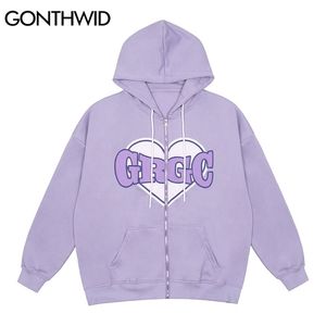 Gonthwid Hip Hop Zip Up Hooded Sweatshirt Jas Harajuku Hart Print Rits Hoodie Jas Mens Katoen Herfst Paars Roze 211110