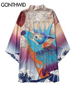 GONTHWID japonais Kimono Cardigan chemises décontracté Harajuku hommes cerf vague impression cerf vague impression vestes Streetwear Hip Hop hauts C03157187770