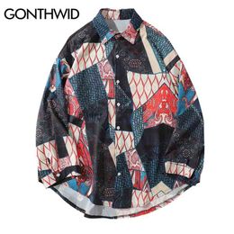 Gonthwid japanse ukiyo e geometrie patchwork lange mouw shirts hiphop casual streetwear mannen vrouwen mode tops 210809