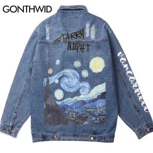 GONTHWID Chaqueta de mezclilla para hombre Streetwear Hip Hop Bordado Van Gogh Noche estrellada Angustiado Destruido Jean Abrigos Azul 211214