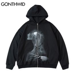 Gonthwid Mens Hip Hop Zip Up Streetwear Hooded Sweatshirt Jacket Gothic Vintage Print Rits Hoodie Zwart 211217