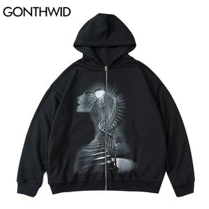 Gonthwid Mens Hip Hop Zip Up Streetwear Hooded Sweatshirt Jacket Gothic Vintage Print Rits Hoodie Zwart 211214