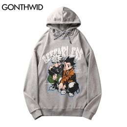 Gonthwid Mens Streetwear Hoodie Hip Hop Sweatshirt Japanese anime cartoon print Hooded Mens Harajuku Cotton Pullover Black 220811