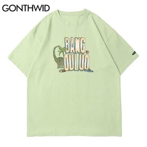 GONTHWID Hommes T-shirts Chemises Harajuku Dinosaure Imprimer T-shirts Mode Été Casual Coton Streetwear Hip Hop À Manches Courtes Tops Homme C0315