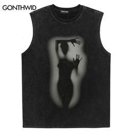 Gonthwid Retro Tank Tour Street Clothing Hip Hop Shadow Impresión gráfica Gran Camiseta de tanque Harajuku Punk Gothic Lave Maneveless Camiseta 240521