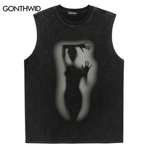 Gonthwid Retro Tank Top Street Vêtements Hip Hop Shadow Graphic Printing Grand débardeur HARAJUKU PUNK Gothic Wash Wash Sans manchés T-shirt 240426