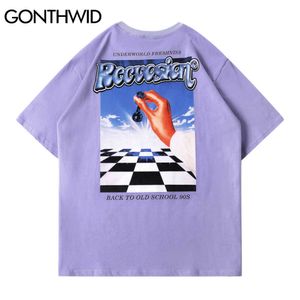 Gonthwid korte mouw Tees Zomer Mannen Streetwear Hip Hop Schaakbord Plaid Print T-shirt Katoen Casual Harajuku Tshirt Losse Tops 210629