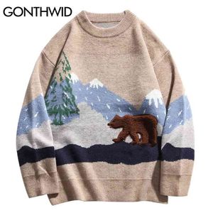 GONTHWID Snow Mountain Beer Patchwork Gebreide Jumper Truien Streetwear Heren Hip Hop Harajuku Casual Truien Mode Gebreide Tops 210820