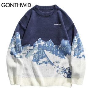 Gonthwid Snow Mountain Gebreide Jumper Truien Streetwear Mens Hip Hop Harajuku Pullover Knitwear Tops Mode Knit Uitloper Male 211006