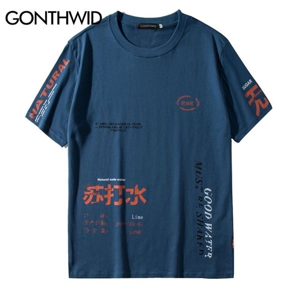 GONTHWID Soda Water Ripped T-shirts imprimés Streetwear Hip Hop Caractère chinois Casual Tops à manches courtes Tees Hommes T-shirts 210324