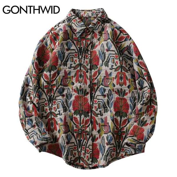 Gonthwid Southwestern Aztec Tribal Tribal Bouton Indian Button Chemises Streetwear Hip Hip Chemines décontractées à motifs à motifs de chemise à manches longues Tops 210410