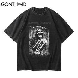 Gonthwid Streetwear T-shirts en détresse T-shirts Hip Hop Skeleton Skull Skull manches courtes T-shirts Punk Rock Tees gothiques Tees Harajuku Tops 210629