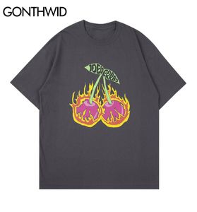 Gonthwid Streetwear Tees Shirt Hip Hop Fire Flame Fruit Cherry Print katoen T -shirts Streetwear Harajuku Casual korte mouwtoppen C6129202