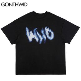 GONTHWID T-Shirts Feu Flamme Fantôme Punk Rock Gothique T-shirts Streetwear Hip Hop Harajuku Mode Casual Tops À Manches Courtes 210629