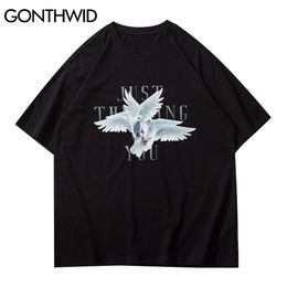 GONTHWID camisetas Harajuku palomas estampado camisetas moda Casual manga corta Streetwear camisetas Hip Hop algodón suelta Tops C0315