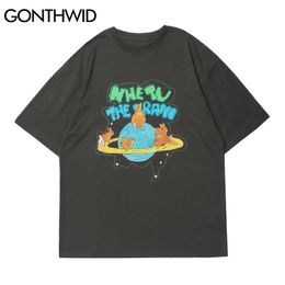 GONTHWID Tees Hommes Planète Lapins Imprimer Streetwear Hip Hop Harajuku Casual T-shirts Hommes Mode Été À Manches Courtes Coton Tops 210726