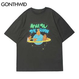 Gonthwid Tees Mens Planet Rabbits Print Streetwear Hip Hop Harajuku Casual Tshirts Mode Zomer Korte Mouw Katoen Tops 210629