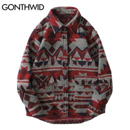 Gonthwid Thick Shirts Jas Streetwear Hip Hop Zakken Geometrische Kleurenblokhirt Mannen Mode Harajuku Casual Jacket Tops 210809