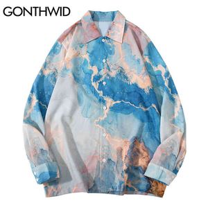 GONTHWID Tie Dye Peinture Imprimer Plage Chemises Hawaïennes À Manches Longues Chemise À Boutons Hip Hop Harajuku Casual Fête De Vacances Blouse Tops G0105