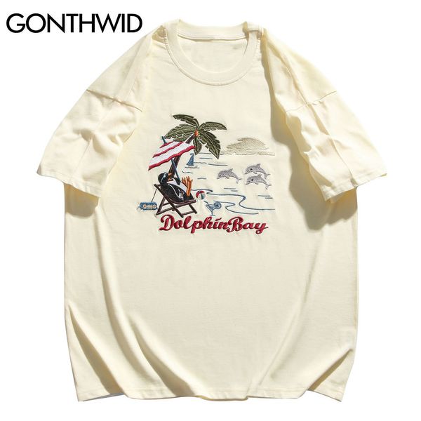 T-shirts Gonthwid Harajuku Broderie Penguin Dolphin Coconut Tree Streetwear Tee shirts Hip Hop Fashion Sleeve Sleeve Tops C0315