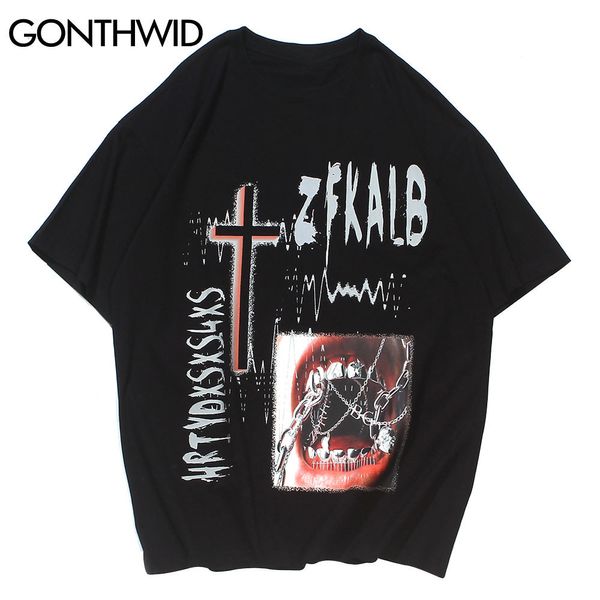GONTHWID-camisetas con cadena en la boca, camisetas góticas Punk Rock, ropa de calle informal de Hip Hop, camisetas de rapero Harajuku, camisetas de algodón de manga corta