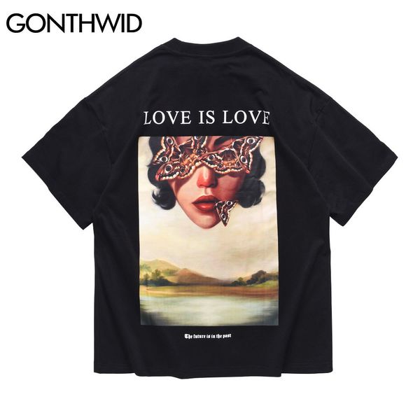 GONTHWID T-shirts Streetwear Papillon Fille Paysage Peinture Imprimer T-shirts Hip Hop Harajuku Casual Coton Lâche T-Shirt Tops C0315