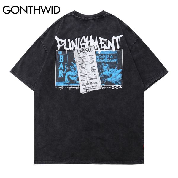 GONTHWID T-shirts Streetwear Distressed Life Bill Hell Peinture À Manches Courtes Tee Shirts Hommes Hip Hop Harajuku Casual T-Shirts Tops C0315