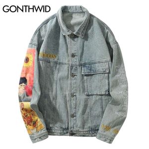 Gonthwid Van Gogh Painting Patchwork Borduurwerk Denim Jassen Hip Hop Casual Losse Jean Jassen Streetwear Mode Uitloper Jassen 210928