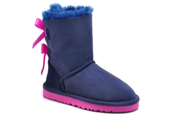 Buenas botas de nieve baratas para niños, botas de nieve de suela plana a media pantorrilla, botas cálidas de invierno de punto de mariposa con parte trasera acolchada de lana 100%