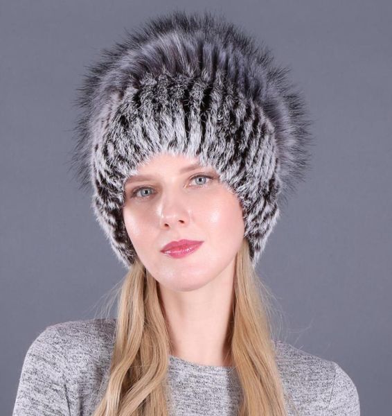 Buen elástico Natural y imitación plata sombrero de piel de zorro nuevo invierno mujeres tejidas sombreros de piel de conejo real señora Real gorro de piel al por mayor Y2006193879108