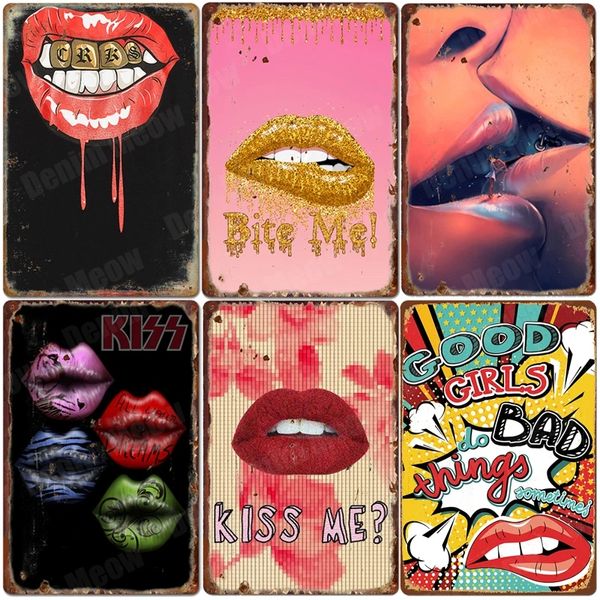 Good Girls Do Bad Things Rétro Peinture en métal Panneaux en métal Bar Club Décoration Murale Kiss Me Plaques Langue Art Affiche Cadeau pour Amoureux 20 x 30 cm Woo