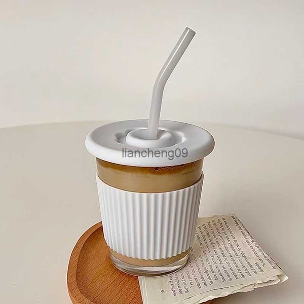 Beau gobelet en verre avec paille et couvercle Tasse à café glacé Latte Tasses à eau Café Bouteille d'infusion à froid Bouteille d'eau réutilisable L230620