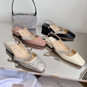 Buen aspecto debe comprar nuevas sandalias de dedo cuadrado de diamantes de agua Mary Jane, cuero genuino Una línea con tacones gruesos de prepucio, zapatos de solteros para mujeres