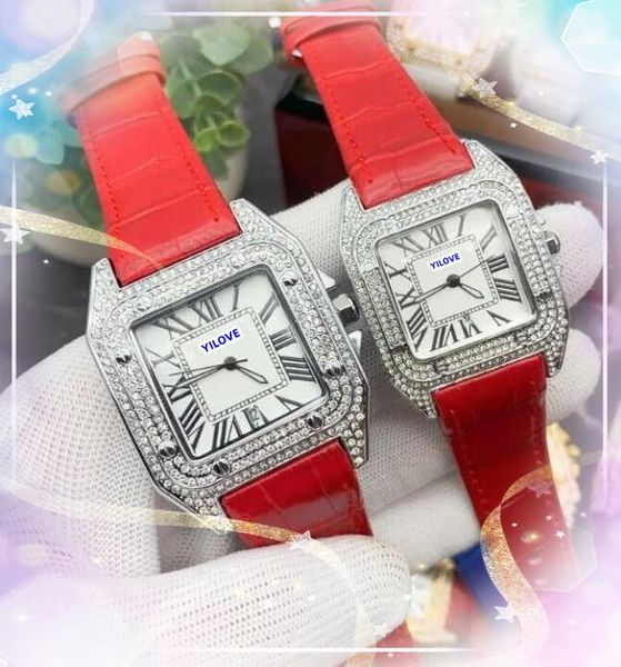 Bonne belle cadran simple cadran pour hommes de quartz pour femmes hommes Mouvement de luxe Automatique diamant diamants sonne carrée de réservoir romain cadran en cuir de vache rouge rouge