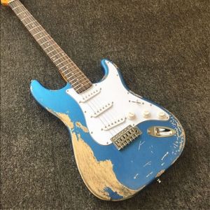 Guitare électrique de bonne qualité, bleu métallique, relique lourde, style vintage, faite à la main