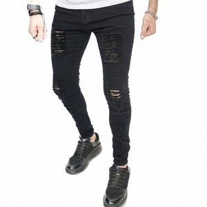 Bonne qualité Printemps Hommes Skinny Stretch Jeans Hip Hop Trous Solide Élégant Mâle Biker Denim Pantalon V0bf #