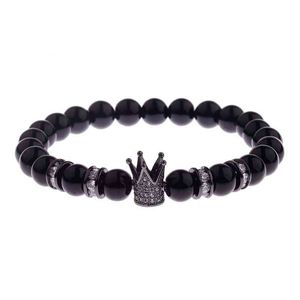 Good Selling Elastic 8mm Natuurlijke Matte Onyx Stone Micro Pave Clear Cubic Zirconia Crown Charm Armband