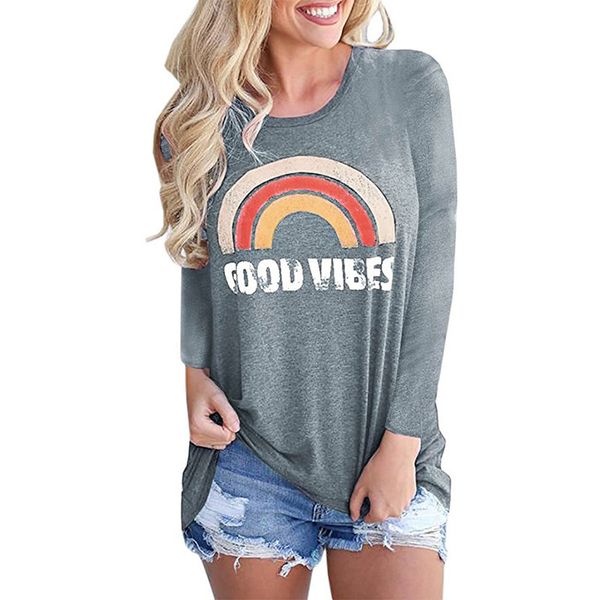 GOOD VIBE T-shirts à manches longues femmes décontracté imprimé col rond t-shirts printemps automne mince t-shirts 4 couleurs offre spéciale haut pour femme