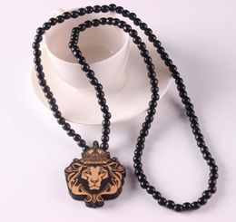 Goede houten achtervolging Infinite diepbruine leeuwkop hanger houten kralen ketting hiphop mode sieraden dier voor vrouwen heren ketting6935792