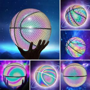 Productos pelota de baloncesto luminosa, pelota de Flash iluminada reflectante holográfica, juego de deportes nocturnos de baloncesto brillante resistente al desgaste de PU