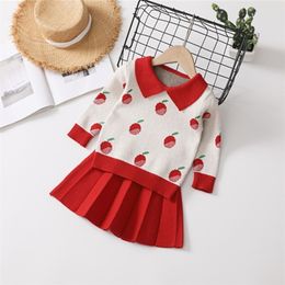 GOOPORSON Herfst Kinderkleding Apple Borduurwerk Gebreide Sweater Topskirt Fashion Korean Warm Meisjes Kleding Set Leuke Outfits 210715